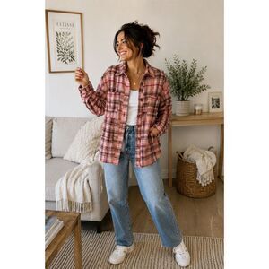 Anthropologie Hudson Plaid Shirt Jacket Shacket  Women’s Small Pink & Burgundy